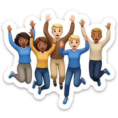 group of happy adult students, some jumping, cheerful, diverse, classroom background sticker