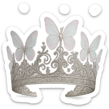 a butterfly crown in silver, with intricate filigree and translucent pastel butterfly wings sticker