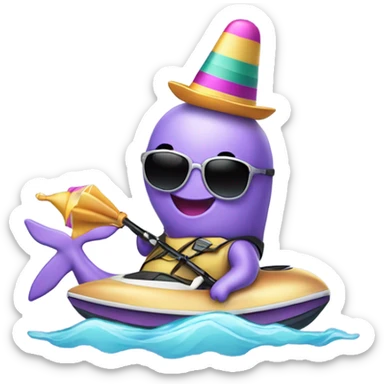 Lavender color narwhal wearing a sombrero, earrings, sunglasses, on a jetski sticker