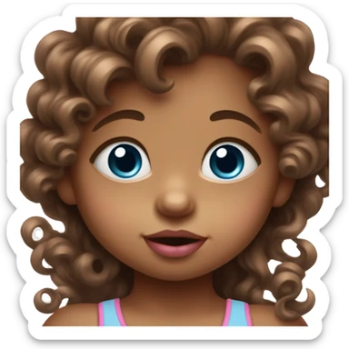 Baby girl with big blue eyes, curly brown hair, and a pink pacifier in her mouth sticker