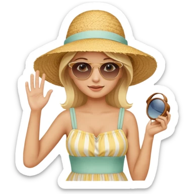 
blonde in light big beach elegant hat holds hat and with second hand holds sunglasses on face sticker