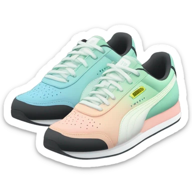Realistic Isolated pair of pastel blue pastel green peach and black ombre Puma sneakers facing forward.  sticker