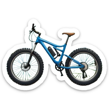 An icon featuring a forest trail or rocky mountain road. The background shows dense trees, steep slopes, and distant peaks under a clear blue sky with mountain bike with wide tires, positioned on  Transparent background highlights the thrill and rugged beauty of mountain biking. sticker