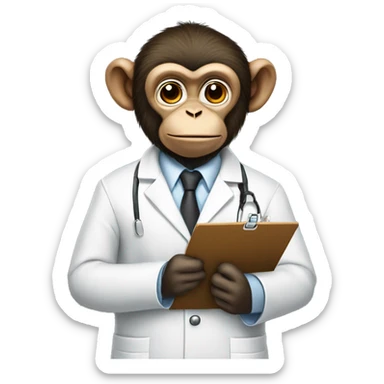 Survey Monkey: A monkey wearing a lab coat, holding a clipboard and a pen, with a thoughtful expression. sticker