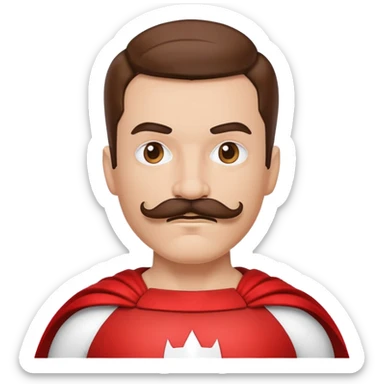 Superhero with a mustache wearing a white and red costume sticker
