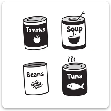Four hand-drawn canned food items, showing different types of canned goods sticker