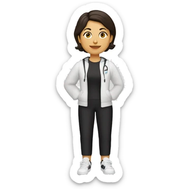 Profesora de cilcismo de piel morena clara de contextura delgada estatura alta con zapatillas de ruta blancas licras negras y maillot blanco casco blanco sticker