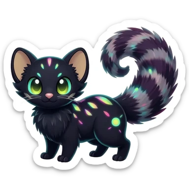  cute adorable pitch-Black-coated fur with glowing bioluminescent random colorful neon-markings iridescent beautiful elegant pretty precious cute young youthful  Fakémon-Pokémon-alien-opossum-feline-serval-caracal-chinchilla-Minccino-hybrid-creature with a big fluffy bushy striped tail (full body) sticker