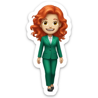 a girl with red hair, wearing an emerald pantsuit, ((cheerful, laughing)), surrounded by a white outline, on a transparent background sticker