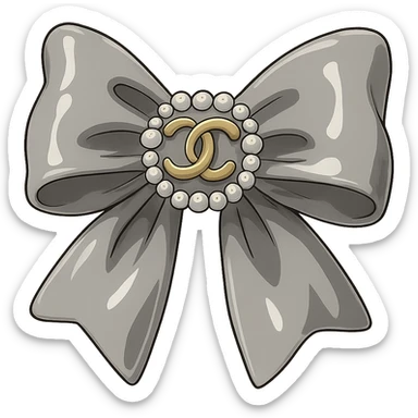 elegant bow with pearls and gold Chanel logo, glossy, monochrome, Ghibli style sticker