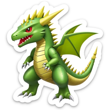 Cool cute shiny futuristic Flygon-Tyranitar-Digimon-hybrid-fusion, yellow belly, full body sticker