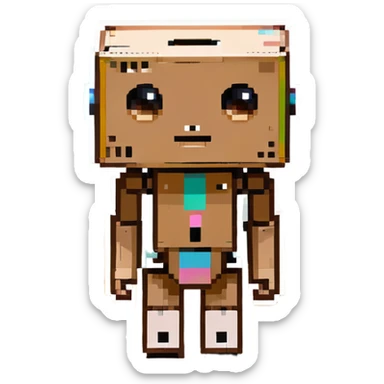 small cardboard robot named Danbo standing alone in a softly lit room, square head with two round black eyes and a small rectangular mouth, folded cardboard body, jointed arms and legs, warm wooden floor, soft shadows, cartoonish, clean lines, pastel colors, cozy and nostalgic atmosphere sticker