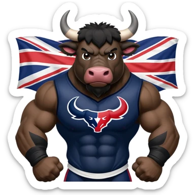 Houston texans black bull, wearing a texans jersey, with a union jack flag behing sticker