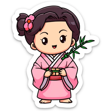 cute chibi Nezuko biting bamboo muzzle with her teeth clearly visible, pink kimono sticker
