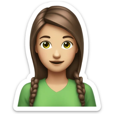 A girl with brown hair and a pink streak and green eyes, who holds a phone and it shines on her face, with a smile-smirk sticker