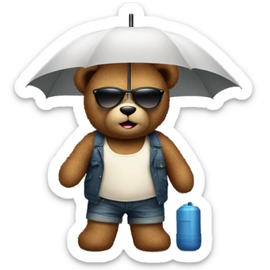 teddy bear with a tank top, sunglasses, and an umbrella sticker