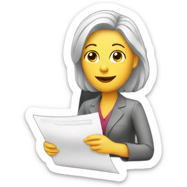 White woman sitting in office table with document on hand sticker
