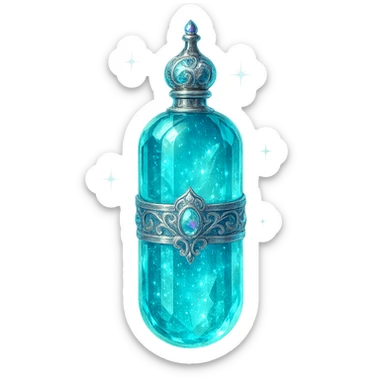 luxurious crystal elixir bottle in capsule (tablet) shape, cyan color, ornate silver and iridescent details, very small neck, seamless bottom, magical glowing and sparkling effects, bottle clearly floating in air, no base or shadow, transparent background, modern, collection style sticker