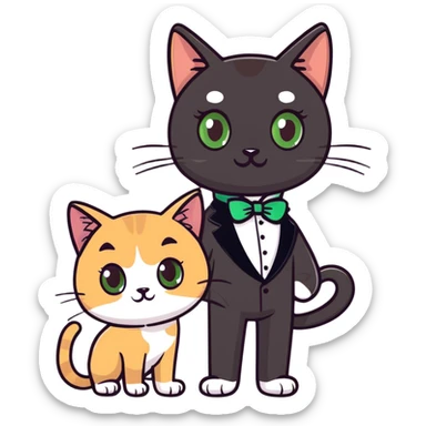 brown haired girl with light tan skin and brown eyes holding a black Bombay cat with green eyes and a black and white Tuxedo cat with hazel eyes sticker