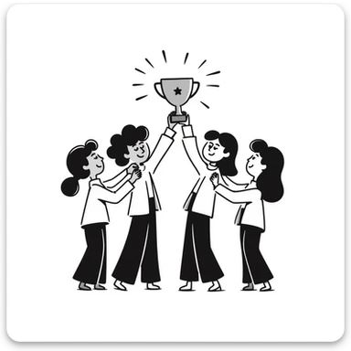 four students lifting a trophy, warm atmosphere, hand drawn style, friendly atmosphere sticker