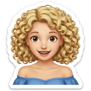 happy excited woman with curly long blond hair, brown eyes, wearing an off-shoulder top,  sticker