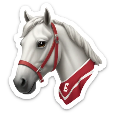 a white horse wearing a crimson footbal jersey sticker