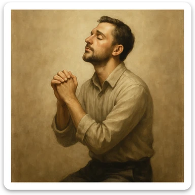 a man kneeling and praying to God, hands clasped, looking upward, peaceful expression, simple background sticker