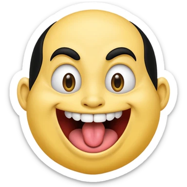 Freaky yellow face emoji smiling really big with huge tongue out and eyes wide open. Tongue should is wagging back and forth. Give him a head of black hair sticker