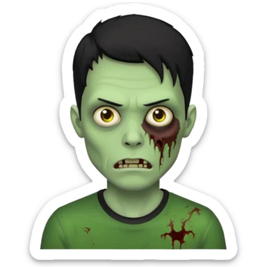 Zombie Emoji AppleIOS Style, lowfade Black Hair, and Black T-shirt, Green Skin, normal expression sticker