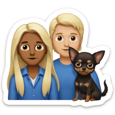 Hombre con pelo largo rubio su pareja chica de pelo castaño oscuro y un chihuahua negro sticker