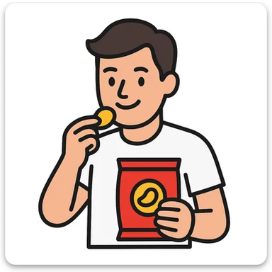 man eating chips, more white, smiling a little sticker