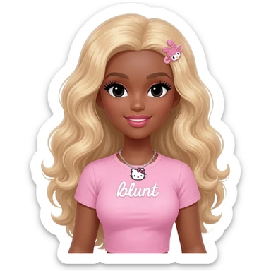 Long giant lashes, my melody hairclip, Doll faced shaped, hello kitty necklace, bimbo, black doll eyes, barbie, dark brown skin with long curly blonde hair, light pink bimbo shirt says "blunt" , big breast sticker