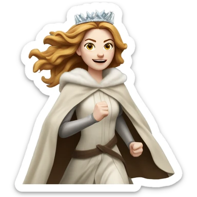 Emma Stone running, with a large stride and arms outstretched, wearing an icicle crown and winter cloak, long golden brown hair sticker