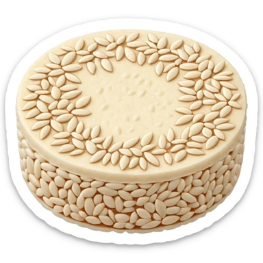 A round puffed rice cake, flat disc shape, light beige/off-white color, bumpy textured surface showing compressed puffed rice grains, crispy appearance, simple flat design, centered on transparent background. sticker
