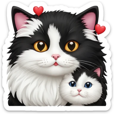 Big black cat face is kissing a small white cat face with hearts above sticker