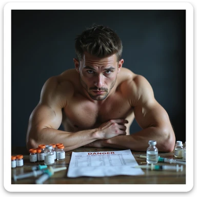 realistic beginner bodybuilder risking big due to dosage errors, surrounded by syringes and vials, chart with wrong doses and danger signs, anxious expression, tense atmosphere, isolated on white background, 4K quality sticker