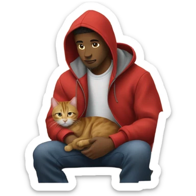 man in a carhartt coat with a red hoodie on and a tabby cat in his lap in a home office  sticker