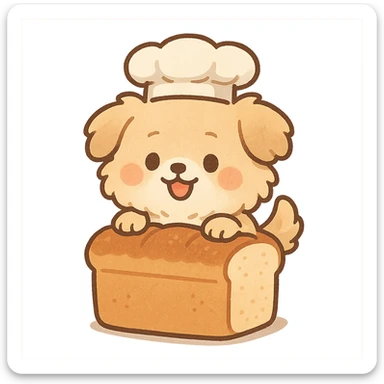 chibi style soft fluffy dog as a bread maker, peeking from a bread loaf, cheerful, warm beige, full-body sticker