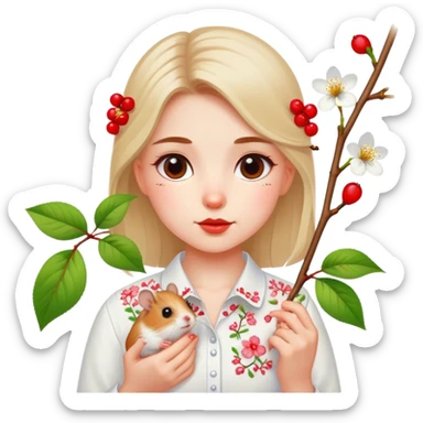 A Ukrainian girl in a white embroidered shirt holds a branch with a blossoming cherry and a hamster sticker