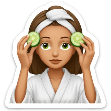 woman at the spa with cucumbers slices covering her eyes and tan skin tone with towel completely covering hair and robe on no hands showing sticker