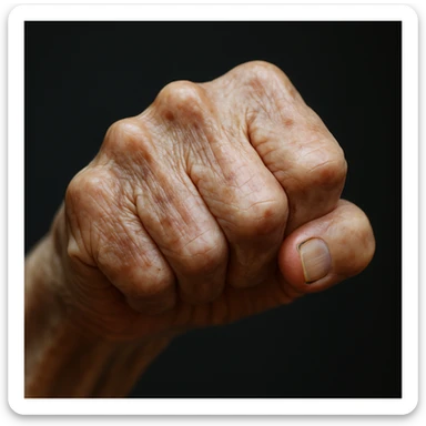 Make the elderly wrinkled white fist even more realistic, with deeper, more pronounced wrinkles and age spots, in a photorealistic style. sticker