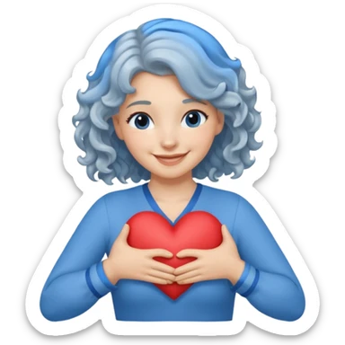 Silver, wavy/curly hair chin-length lady giving hug with 2 arms, blue v-neck and smiling, add a heart, not blue hair sticker