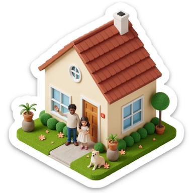 skeuomorphic icon of a suburban home, a family (mom, dad, child) waving from the doorway, with a small dog beside them, lifelike textures and highlights sticker