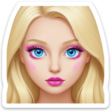 Cinematic realistic blonde with long hair, blue eyes and pink lips paints her eyelashes sticker
