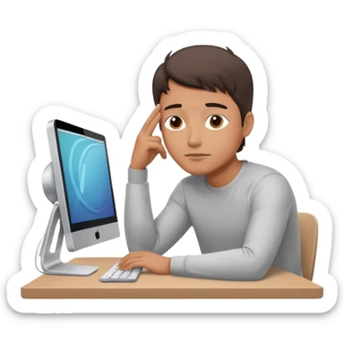 emoji of a man sitting at the table with an imac on it, a man is sitting in a very thoughtful pose, he has his hands on the table and his head resting on themб he look into the screen of imac sticker