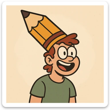 a cheerful person with a large pencil hat, cartoon style, colorful, fun, simple illustration sticker