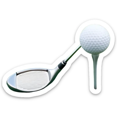 A golf ball on a tee with a golf club placed beside it, set against the backdrop of a well-manicured green golf course. The scene emphasizes the equipment and serene atmosphere of the sport, with soft lighting and a peaceful, open landscape sticker