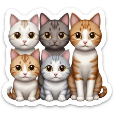 4 different coloured short haired cats including; a dark brown tabby and white cat, and a dark grey and white  sticker