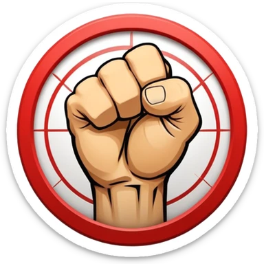 Round emblem symbolizing combat sports, featuring a clenched fist facing forward at the center. The fist is bold and strong, representing power and skill in martial arts. Surrounding the fist are dynamic lines, giving the emblem a sense of motion and energy. sticker