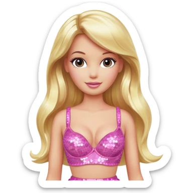 Barbie with long blonde hair, pink sequin bra, pink sequin skirt sticker